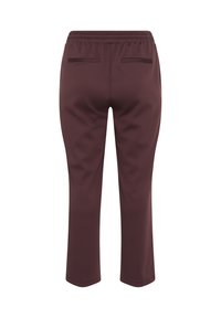 Maroon stretch pants with an elastic waistband, featuring two back pockets and a tapered leg design. Smooth texture and tailored cut.