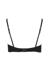Soutien-gorge noir avec bretelles réglables, en tissu doux, et un système de fermeture par crochets à l'arrière. Surface lisse et design minimaliste.