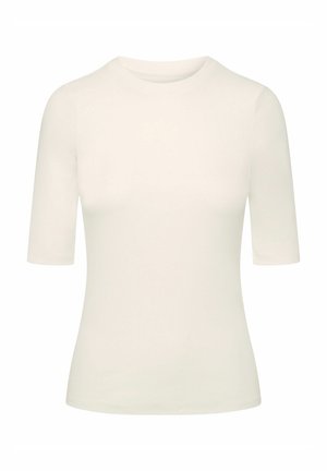 White, ribbed short-sleeve top with a round neckline, featuring a fitted design and smooth texture. No visible patterns or accents.