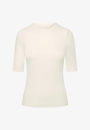 Biała, prążkowana bluzka z krótkim rękawem o okrągłym dekolcie, z dopasowanym krojem i gładką fakturą. Brak widocznych wzorów lub akcentów.