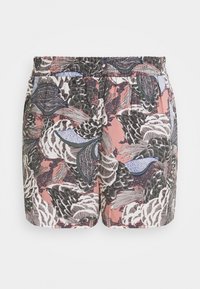 Shorts à motifs avec un fond rose et des feuilles et plumes foncées. Taille élastique, tissu doux et coupe décontractée.