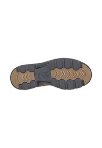 Suola della scarpa realizzata in un robusto materiale in gomma nera con accenti marroni, con un modello di battistrada a zigzag e aree rialzate per la trazione e la presa.