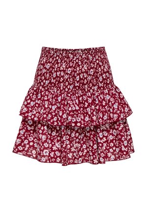 Red floral tiered skirt with smocked waistband and white and light blue small flower patterns.