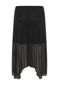 Jupe noire bustier avec partie supérieure opaque et ourlet asymétrique transparent descendant sous les genoux.