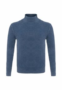 Geribbelde turtleneck trui in donkerblauw. Heeft een getailleerd ontwerp met een hoge kraag en lange mouwen, gemaakt van een zachte, gestructureerde stof.