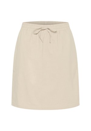 Gonna in lino beige con elastico in vita e cordoncino. Design semplice, lunghezza sopra il ginocchio, texture liscia e senza motivi visibili.