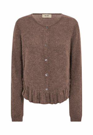 Barna, hosszú ujjú, gombos kardigán fodros szegéllyel és kerek nyakkivágással, puha kötött anyagból készült.