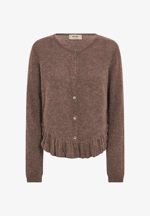 Hnědý dlouhý svetr na knoflíky s volánkovým lemem a kulatým výstřihem, vyrobený z měkké pleteniny.