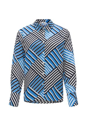 Blaues und schwarzes Langarmhemd mit einem geometrischen Streifenmuster, das abwechselnd dicke und dünne Streifen aufweist, mit durchgehender Knopfleiste und Kragen.