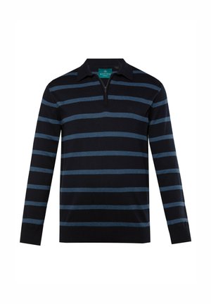 Pitkähihaisessa polo-paidassa on vetoketjukaulus, tummansinisiä ja vaaleansinisiä vaakasuoria raitoja, ja se on valmistettu teksturoidusta kankaasta.