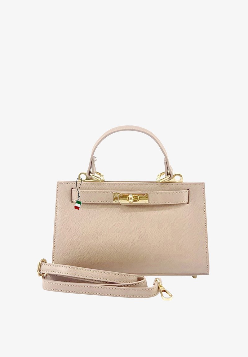 Beige leren handtas met een gestructureerde vorm, bovenhandvat, afneembare schouderriem, gouden hardware en een voorklep.