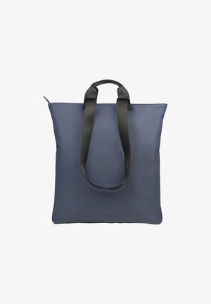 Borsa tote blu navy con una texture liscia, caratterizzata da manici in tessuto nero e una chiusura con cerniera. Forma rettangolare semplice, senza decorazioni.