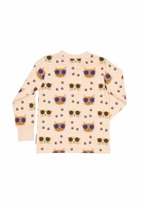 Långärmad skjorta i mjuk beige tyg med ett upprepat mönster av katter med solglasögon och tassavtryck. Rundad halsringning och uppvikta ärmar.