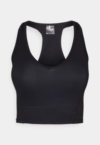 Soutien-gorge de sport noir avec un décolleté en V et un dos nageur. Fabriqué en tissu lisse et extensible avec des coutures plates pour le confort et le soutien.