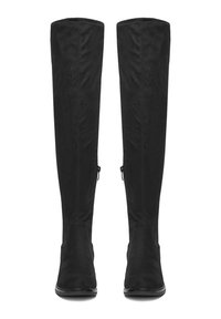 Czarne kozaki za kolano wykonane z miękkiego materiału o gładkiej teksturze, charakteryzujące się smukłym kształtem i bocznymi zamkami błyskawicznymi ułatwiającymi zakładanie.