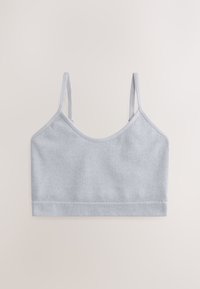 Bralette grigio chiaro a coste con sottili spalline regolabili e fascia elastica senza cuciture sul fondo. Texture morbida e design semplice.