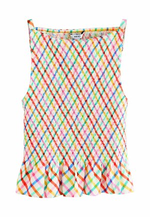Colorful sleeveless top made of woven fabric, featuring a checkered pattern in pink, green, blue, and orange with a frilled hem.