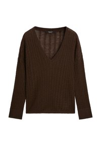 Pull à col en V à manches longues en maille torsadée marron foncé, avec poignets et bord-côtes, présenté sur fond blanc.
