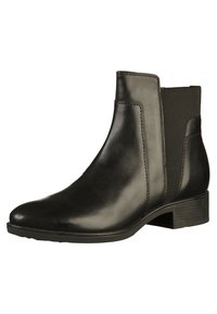 Botín de cuero negro hasta el tobillo con un acabado suave, paneles laterales elásticos, puntera redondeada y un tacón bajo apilado. Diseño simple sin patrones distintivos.