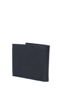 Portefeuille en cuir bleu marine avec une finition texturée, design bi-fold, forme rectangulaire et bords épurés et minimalistes.