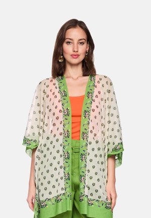 Frau trägt einen durchsichtigen weißen Kimono mit grünem Blumenbesatz, ein oranges Oberteil und grüne Hosen, steht vor einem einfarbigen Hintergrund.