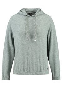Jasnozielona bluza z kapturem, wykonana z miękkiej dzianiny, z kapucą na sznurki, ściągaczami na końcach rękawów oraz luźnym krojem i elastycznym pasem.
