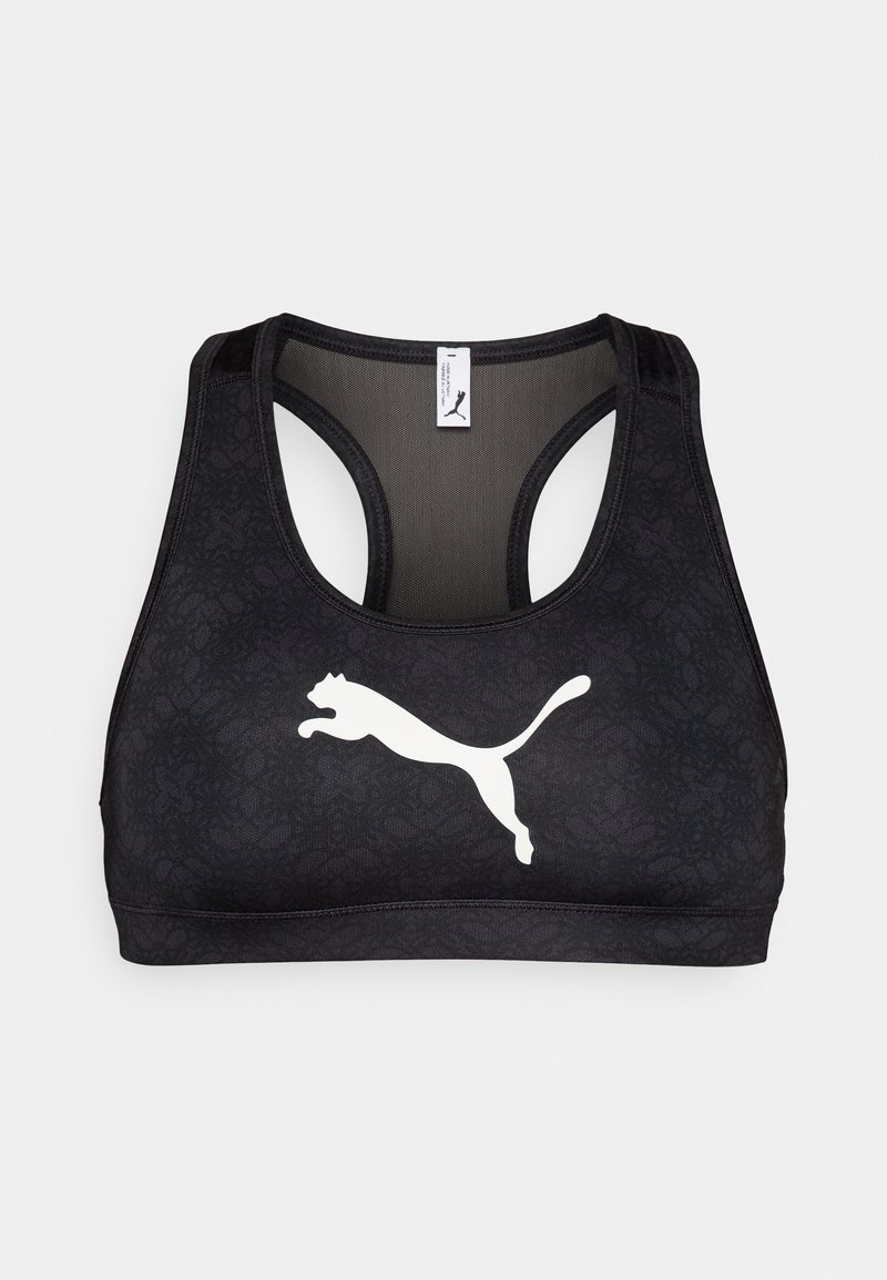 Bra sportivo nero con un motivo testurizzato, caratterizzato da un logo Puma bianco sul davanti e un design con schiena a racer per la mobilità.