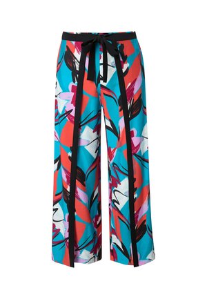 Weit geschnittene Hose mit abstraktem Blumenmuster in Türkis, Rot, Weiß, Schwarz und Pink, mit schwarzen vertikalen Streifen und einem Taillenband zum Binden.