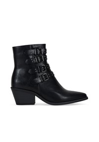 Bottines noires en cuir lisse, dotées de quatre sangles réglables avec des boucles métalliques et des accents cloutés, avec un talon empilé.