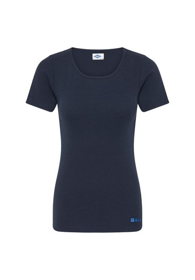 Tricou din bumbac de culoare bleu închis, cu mâneci scurte, decolteu rotund și logo „BALL” de culoare albastru deschis în partea stângă jos.
