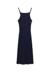 Robe portefeuille bleu marine avec des bretelles fines et ajustables, un corsage cintré et une coupe droite jusqu'au genou, confectionnée en tissu lisse et léger.