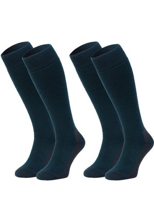 Dunkelblaugrüne kniehohe Socken mit gerippter Textur und verstärkter Zehen- und Fersenpartie. Zwei Paar enthalten, mit kontrastierenden Akzenten am Boden.
