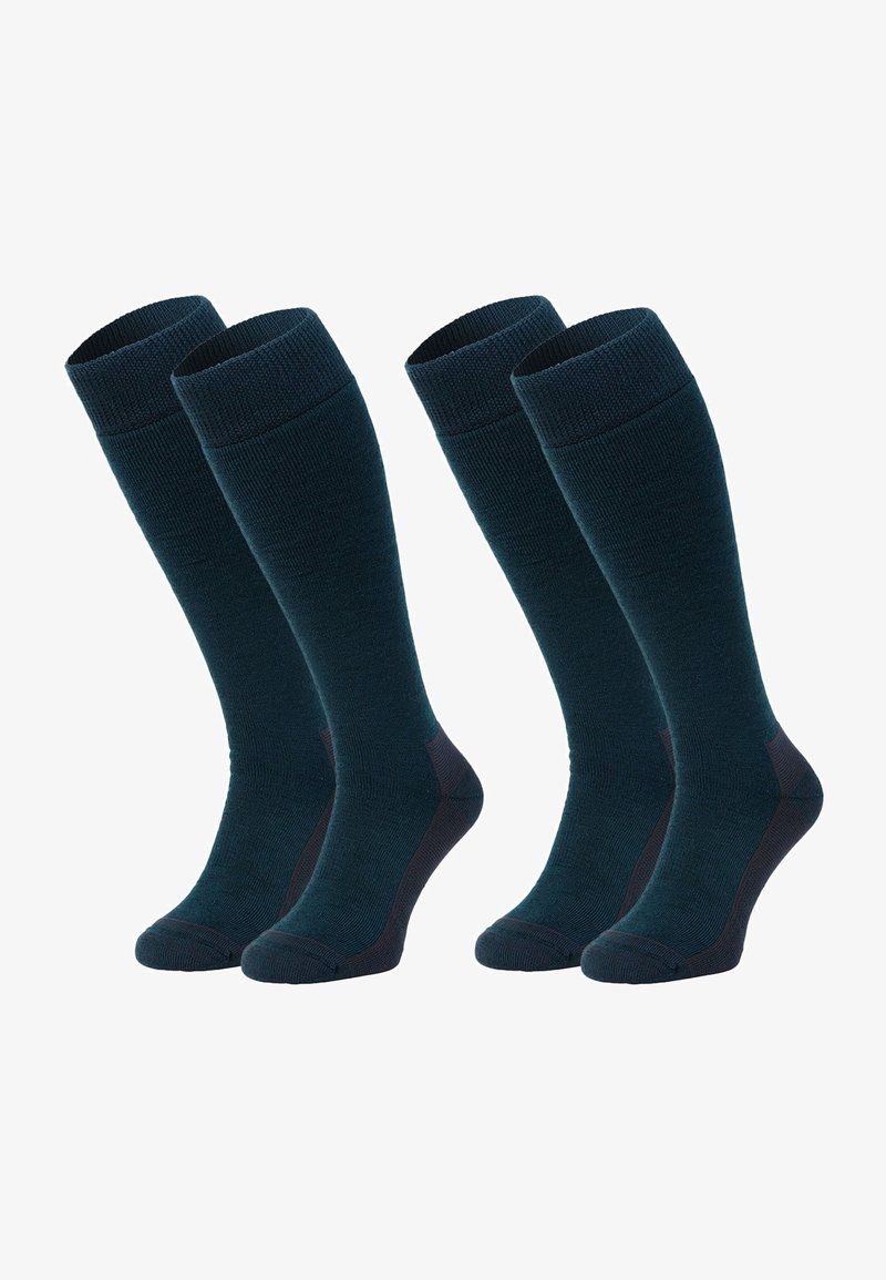 Dark teal knee-high socks with ribbed texture and reinforced toe and heel. Two pairs included, featuring contrasting accents at the bottom.