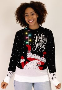 Schwarzer Feiertags-Pullover mit bunten Lichtern, weißen Schneeflocken und einem Santa-Design. Gerippte weiße Bündchen und Saum mit lockerem Schnitt.
