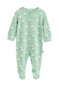 Salopetă pentru bebeluși, verde, cu dungi, având un model floral cu flori albe și centre portocalii. Include mâneci lungi și design cu picioare.