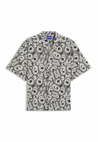 Camicia a maniche corte con un motivo lucido in bianco e nero caratterizzato da un testo "HUGO" stilizzato e oversize su tutto il tessuto. Design con bottoni.