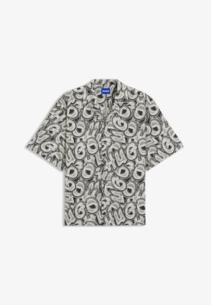 Short-sleeve shirt in a glossy black-and-white pattern featuring oversized, stylized "HUGO" text throughout. Button-up design.
