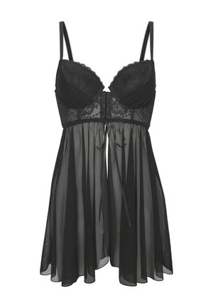 Schwarzes Lingerie-Set mit Spitzenbesatz, Unterdraht-Cups und einem transparenten, fließenden Rock mit verstellbaren Bandbinden in der Taille.