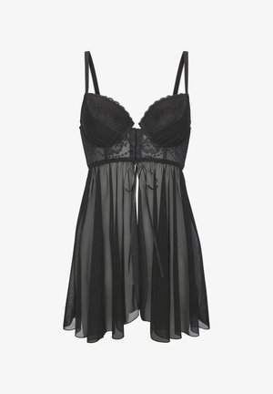 Zwart lingeriesetje met kantafwerking, beugelcups en een doorschijnende, vloeiende rok met verstelbare lintstrikjes in de taille.