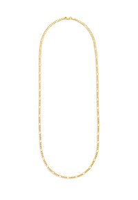 Halskette aus goldfarbenem Metall mit abwechselnd rechteckigen und verdrehten Gliedern, versehen mit einem sicheren Verschluss am Ende. Schlichtes und strukturiertes Design.