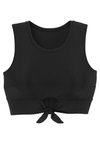 Black crop top made of smooth fabric, featuring a scoop neckline and a front tie detail at the hem. Scalloped edges along the armholes.