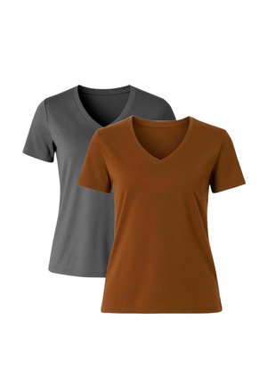 Two plain V-neck short-sleeve T-shirts, one brown in front and one gray behind, displayed on a white background.
