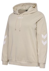 Beige hoodie met wit logo, trekkoord en chevronpatronen op de mouwen. Gemaakt van zachte stof, heeft een comfortabele, relaxte pasvorm.