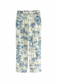 Pantalons en coton avec une coupe décontractée, imprimés avec un paysage en bleu et beige, taille élastique et jambes larges pour plus de confort.