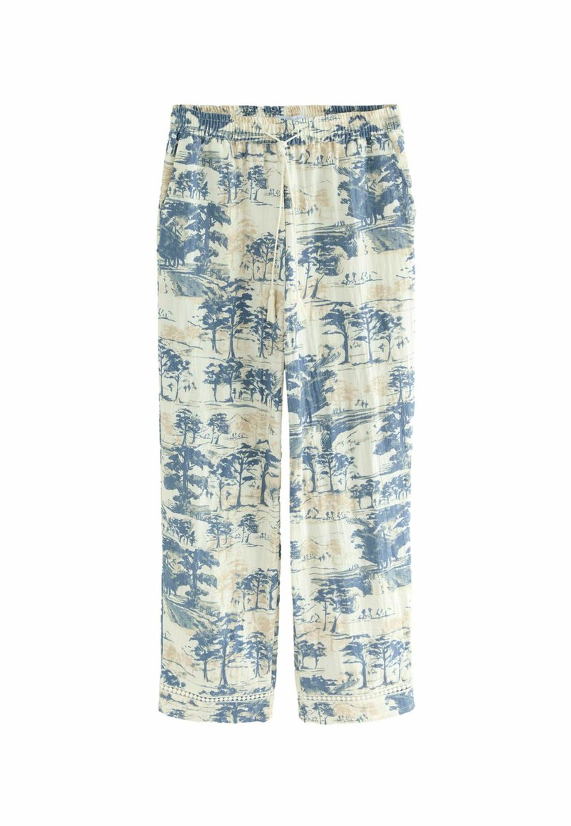 Pantalons en coton avec une coupe décontractée, imprimés avec un paysage en bleu et beige, taille élastique et jambes larges pour plus de confort.