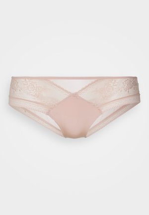 Helle rosa Spitzen- und Satinunterhose mit floralen Spitzenakzenten und einem glatten Mittelstück. Semitransparente Seiten und dekorative Verzierungen.