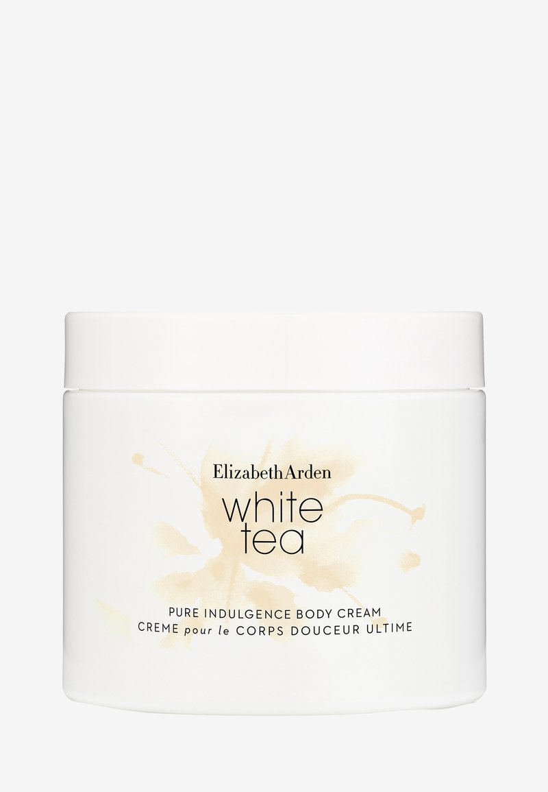 Bocal blanc de crème pour le corps White Tea d'Elizabeth Arden. Fini lisse blanc avec un design aquarelle beige subtil et une étiquette en texte noir.