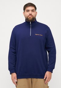 Sudadera de cremallera azul marino con un cuello alto, con un corte relajado y texto bordado en el lado izquierdo del pecho. Material de algodón suave.