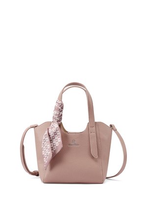 Borsa a tracolla in pelle rosa con finitura a ciottoli, dotata di doppio manico, tracolla regolabile e un motivo di sciarpa come dettaglio decorativo. Presenta una silhouette arrotondata e un logo.