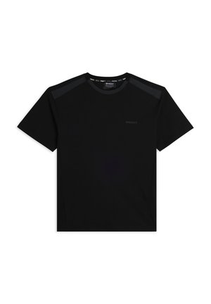 T-shirt nera realizzata in tessuto liscio, con scollatura rotonda e maniche corte. Include sottili dettagli neri sulle spalle e un logo sul petto.